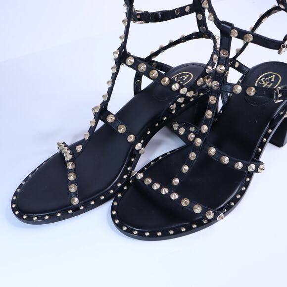 ASH Jen Strappy Studded Heel Sandals Black Gold Leather Women's 40/US 9.5 - Picture 5 of 9